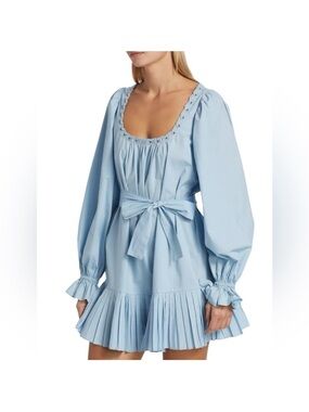 Ramy Brook Kayleigh Powder Blue Puff-Sleeve Tie-Waist Pleated Mini Dress Size M